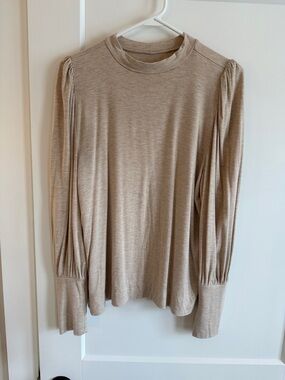 LOFT Beige Long Sleeve Crewneck Top with Puff Shoulders